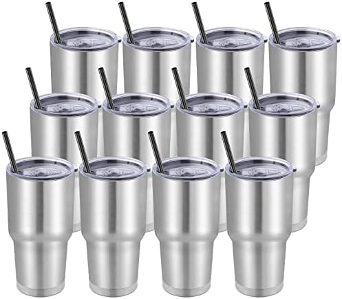 DOMICARE 30 oz Tumbler with Lid and Straw, Stainless Steel Tumblers Bulk, Insulated Vacuum Double Wall Travel Coffee Mug, Durable Powder Coated Tumbler Cups (Stainless Steel, 12)