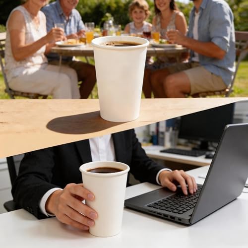 MOUMOULIFE Disposable Paper Coffee Cups 16 oz 100 Count, Leak-Proof White Hot/Cold Cups for Coffee Tea Water, Ideal for Home Office Daily Use & Small Gatherings