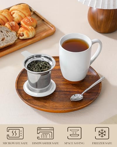 MALACASA Ceramic 18 oz Tea Mug with Lid and Infuser, Khaki White