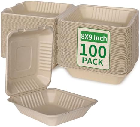 Aricsen Disposable 100 Pack 8×9 Inch Takeout Lunch Box Containers with Lids