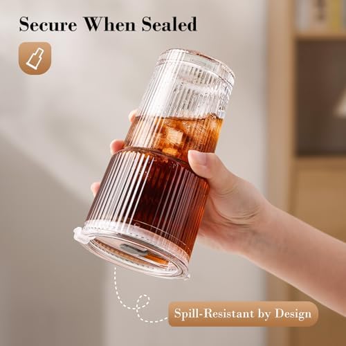 20oz Iced Coffee Cups with Lids, Ribbed Glass Cups with Lids and Straws