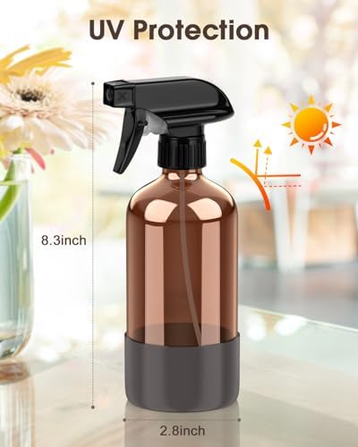 Bontip Glass Spray Bottle with Silicone Sleeve Protection, Amber Glass Spray Bottle Set for Window Cleaner Aromatherapy Facial Hydration Watering Flowers Hair Care 2 Pack/16 oz (Black & Grey, 16 oz)