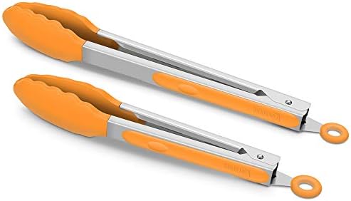 2 Pack Silicone Kitchen Tongs, 9 & 12 Inch, Stainless Steel, Orange