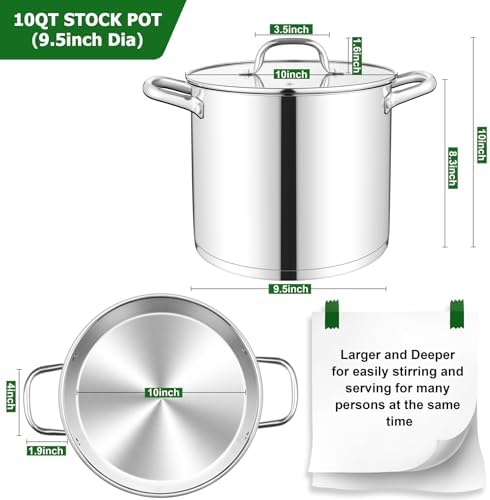 TeamFar 10QT Stock Pot, Stainless Steel Large Soup Cooking Pot & Lid