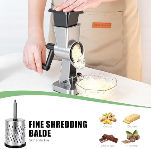 LHS Stainless Steel Rotary Cheese Grater with 3 Interchangeable Drum Blades