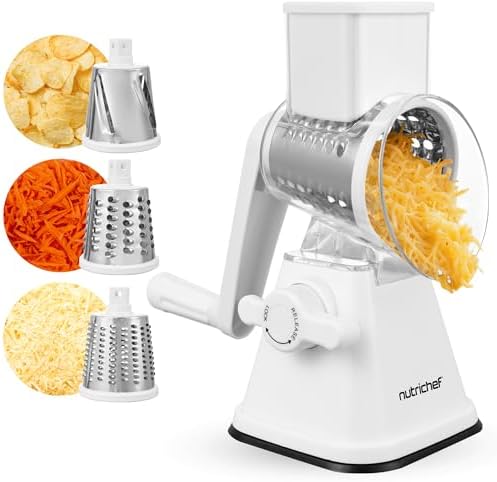 NutriChef 3 in 1 Cheese Grater & Shredder | Strong Suction Base, Rotary Handle with Safety Lock | Includes Hand Crank & 3 Drum Blades for 3 Textures, Fine, Medium & Strips | White