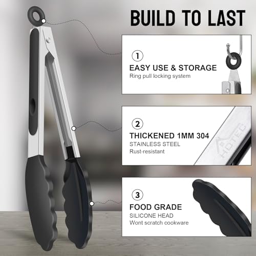 HOTEC Premium Stainless Steel Locking Kitchen Tongs with Silicon Tips, Heat Resistant Cooking Tongs Set of 3-7", 9" and 12", Black