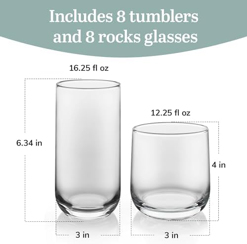 Libbey Ascent Tumbler & Rocks Drinking Glasses Set of 16, Clear Glass Cups