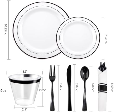WELLIFE 350Pcs Black Plastic Dinnerware with Pre Rolled Napkins, Include:50 Dinner Plates, 50 Dessert Plates, 50 Paper Napkins, 50 Cups, 150 Plastic Cutlery