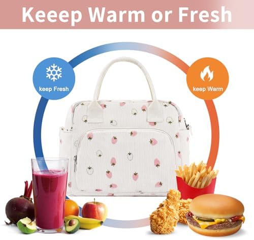 Lunch Bag Women Lunch Box for Women Adult Cute Insulated Lunch Bag Lager Cooler Lunch Tote Bags for Work Picnic (Beige-Light Strawberry)