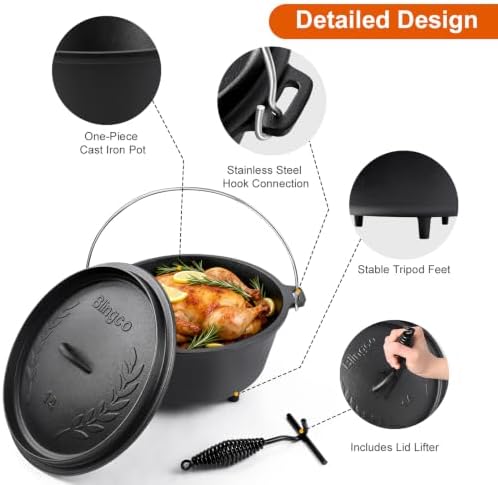 Pre-Seasoned 10QT Large Cast Iron Camping Dutch Oven Pot with Lid