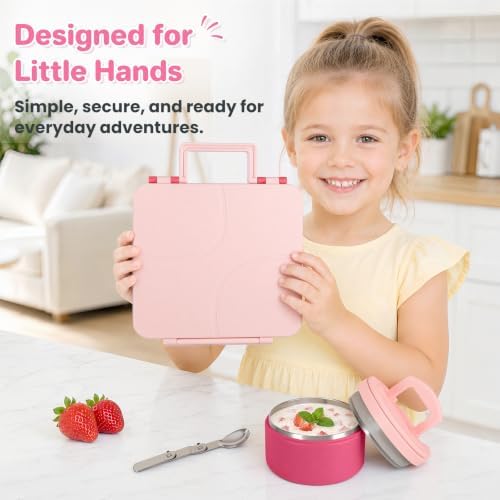 Bento Lunch Box for Kids with 8oz Soup Thermo,Kids Leakproof Lunch Food Containers with 4 Compartment,Kid Insulated Thermo Hot Food Jar for School,Trvael-Pink