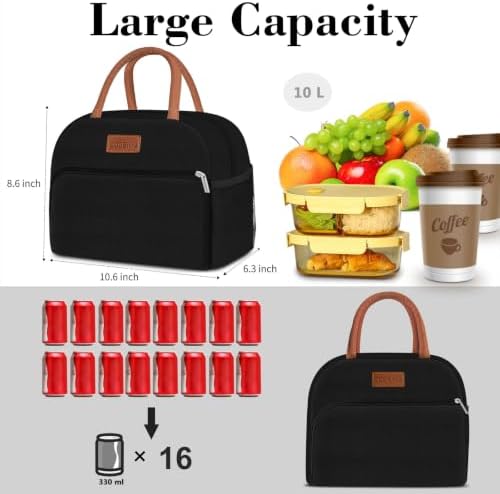 Coobiiya Lunch Box Lunch Bag for Women Men,Reusable Cute Lunch Pail bag,Leakproof,Insulated LunchBox Tote Compact 10L, Cooler Lunch Container for Work Travel Office (Black)