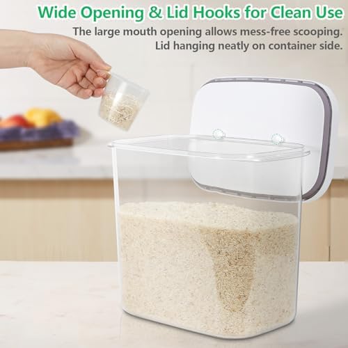 Airtight Rice Container 25 Lbs with Handle and Cup – 12.68Qt Large Flour Sugar Storage Container with Pop Up Seal & Hanging Lid Hooks, Clear Tall Food Storage Bin for Kitchen Pantry Organization