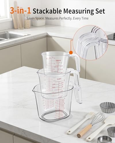 -BINGBING- Measuring Cups Set of 3, Plastic, Nesting Design, Pour Spout