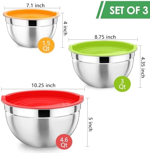 P&P CHEF Stainless Steel Mixing Bowls with Airtight Lids, Multicolor