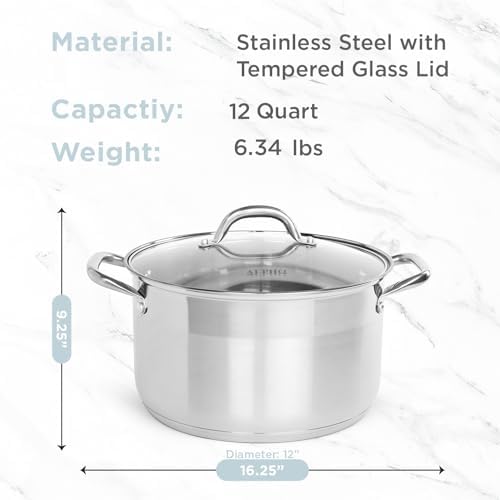 Alpha Living SP-12G Stainless Steel Pot with Capsule Bottom – Induction Compatible 12Qt Pot with Lid – Tri-Ply Ultra-Thick Bottom – Ideal for Spaghetti, Cooking, Canning, Boiling