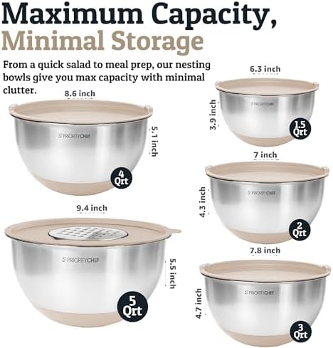 Priority Chef Stainless Steel Mixing Bowls with Lids Set, 3 Grater Attachments, Airtight Lids, Non-Slip Silicone Base Mixing Bowl Set, Large Prep Metal Mixing Bowls for Kitchen, Khaki