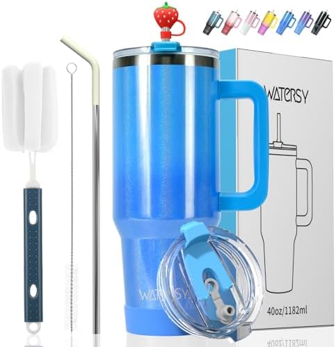 30 oz Shiny Tumbler with Handle and Straw,Stainless Steel Tumbler with Lid and Straw,Insulated Travel Mug(Cold for 34 Hours),Water Bottle for Iced Tea,Coffee (Blue)