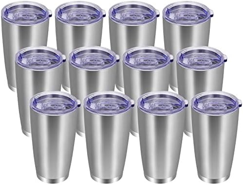 VEGOND 20oz Tumbler with Lid and Straw Stainless Steel Tumbler Cup Bulk Vacuum Insulated Double Wall Travel Coffee Mug Powder Coated Coffee Cup, Stainless, 12 Pack