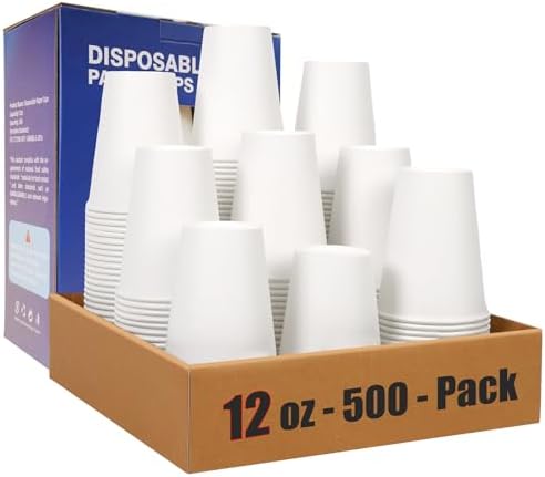 MOUMOULIFE Disposable Paper Coffee Cups 12 oz 500 Count Bulk, Leak-Proof White Paper Cups for Hot & Cold Beverages, Ideal for Party, Office, Home, Travel