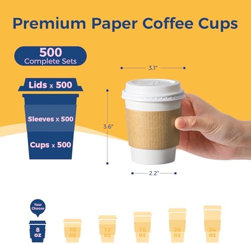 Fit Meal Prep 500 Pack 8 oz Disposable Coffee Cups with Lids, Sleeves, Leak-Proof To Go Coffee Cups with Lids, Durable Hot Paper Cups for Hot Cocoa and Coffee Bar Supplies