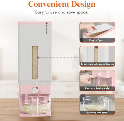 Lifewit Rice Dispenser 25 Lbs, Airtight Storage with Measuring Cup, Pink
