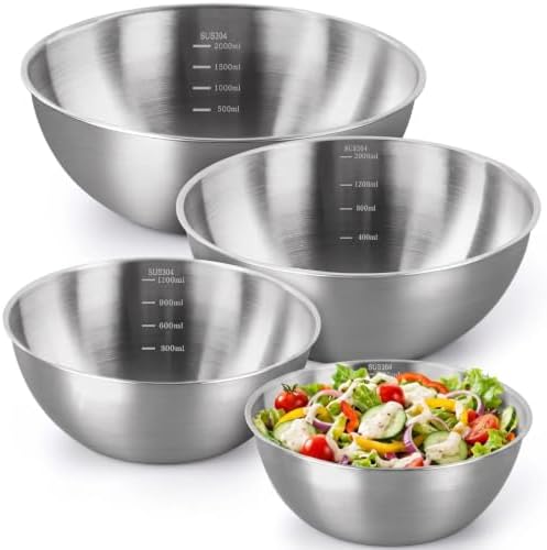 Stainless Steel Mixing Bowls Set of 4 - 9.84", 8.66" , 7.5" & 6" Metal Mixing Bowls, 3.3 Qt, 2 Qt, 1.5 Qt & 1Qt Stainless Steel Salad Bowls, 304 Stainless Steel Bowl for Kitchen, Baking, and Meal Prep