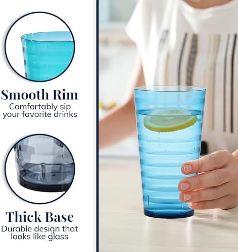 US Acrylic Splash [Set of 16] 18 ounce Plastic Stackable Water Tumblers in 4 Coastal Colors Value Set of Drinking Cups, Reusable, BPA-free, Made in the USA, Top-rack Dishwasher Safe