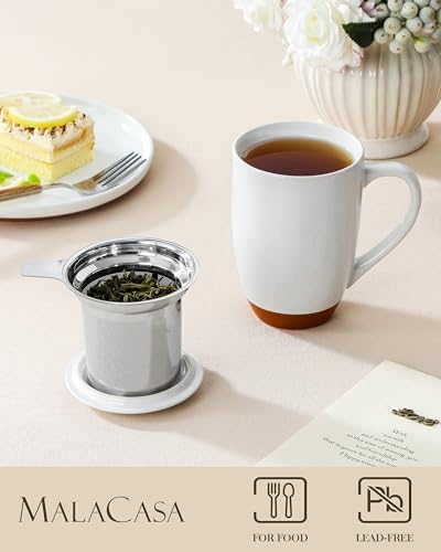 MALACASA Ceramic 18 oz Tea Mug with Lid and Infuser, Khaki White