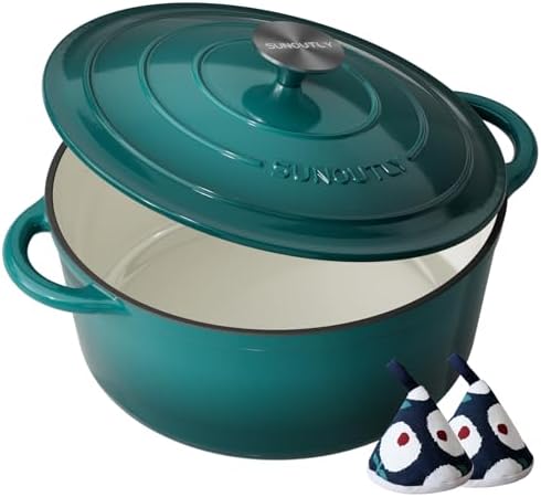 Enameled Cast Iron Dutch Oven - 7.5QT Pot with Lid & Cotton Potholders - Heavy-Duty Cookware for Braising, Stews, Roasting, Bread Baking, Oven Safe up to 500°F & Across All Stovetops, Bottle Green