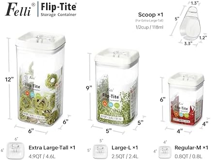 Felli Flip Tite Acrylic Food Storage Container with Lid 6” XL Air Tight Ring Seal Flip Top, Plastic Kitchen Baking Canister for 5 lb Flour Sugar Rice Protein Powder Pantry Organizer (Nest-M, White)