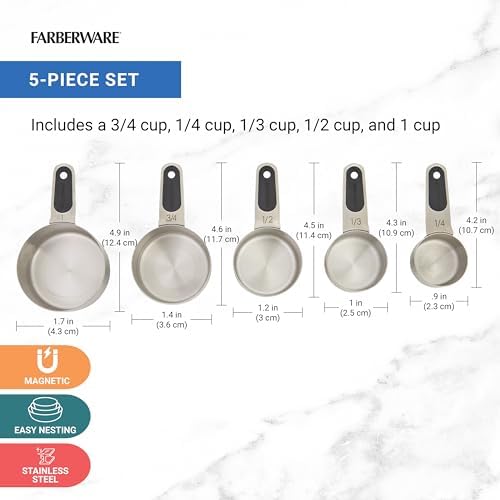 Farberware Professional Set of 5 Stainless Steel Measuring Cups, Precision and Ease in Every Scoop, Features Magnetic Handles for Easy Storage, Dishwasher Safe