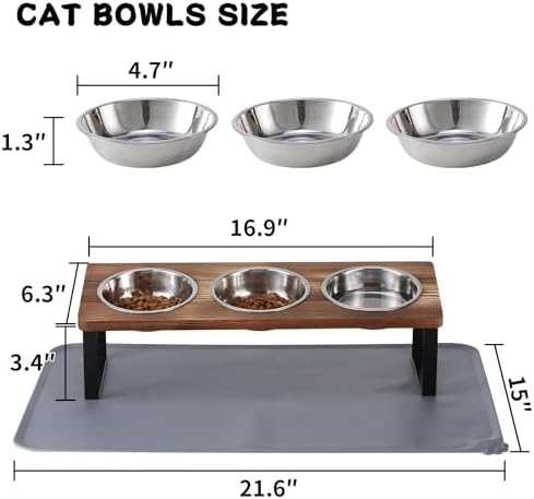 Summark Upgraded Elevated Cat Bowls with Food Mat,15°Tilted Stand Anti Vomiting Raised Cat Dishes for Food and Water,3 Stainless Steel Bowls for Cats and Puppy（Rustic Brown）
