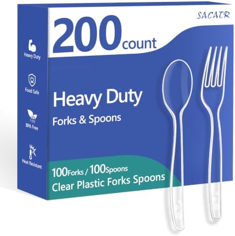 SACATR 200 Count Clear Plastic Silverware Heavy Duty -100 Forks, 100 Spoons