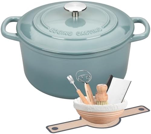 EDGING CASTING Enameled Cast Iron Dutch Oven with Sourdough Bread Baking Kit, Bread Dutch Oven with Lid, Includes Proofing Basket & Baking Tools, 5qt, Seasalt