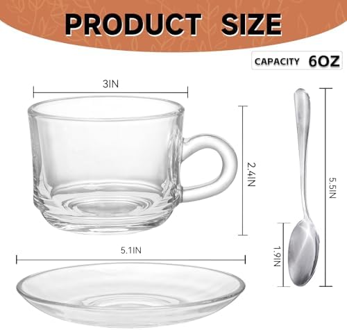 Glass Tea Cups and Saucers Set of 6, Clear Coffee Mugs with Stainless Steel Spoon, Dishwasher & Microwave Safe Teacups for Espresso Cappuccino Latte Tea Juice, 6OZ/180ML