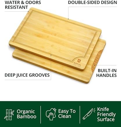 ROYAL CRAFT WOOD Wooden Cutting Boards for Kitchen Meal Prep & Serving - Bamboo Wood Serving Board Set with Deep Juice Groove Side Handles - Charcuterie & Chopping Butcher Block for Meat