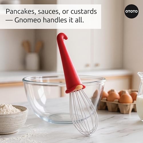 OTOTO Gnomeo Whisk – Red Gnome Handle Whisk for Baking & Cooking, Fun Gnomes Kitchen Gadgets, Quirky Baking Tools, Unique Kitchen Gifts