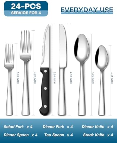 Stapava 24-Piece Silverware Set with Steak Knives, Food-Grade Stainless Steel Flatware Set for 4 Mirror Polished Cutlery Utensil Sets Include Dinner Knives Spoons and Forks Set Dishwasher Safe