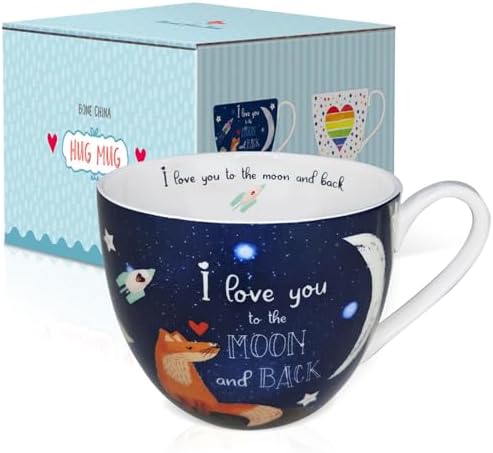 I Love You to the Moon and Back Mug, Premium 20 oz Bone China Coffee Mug, Romantic Gift for Her or Him, Valentine's Day, Anniversary, Birthday, Designed in England by Harvest Green Studio