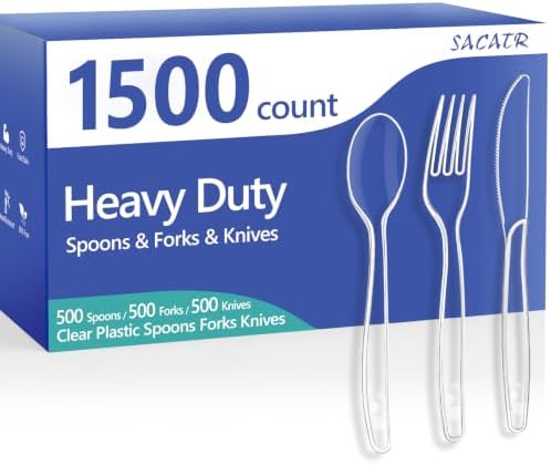 SACATR 1500 Count Clear Plastic Silverware Heavy Duty -Forks, Spoons,Knives