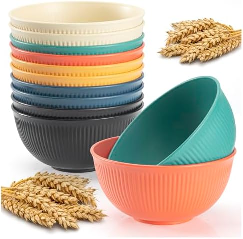12Pack 24 oz Unbreakable Cereal Bowls, Reusable Plastic Lightweight Bowls, Made from Wheat Straw Fiber, Ideal for Salads, Soups, Ramen, Noodles, and Oatmeal (Red, blue, yellow, dark blue, beige, black
