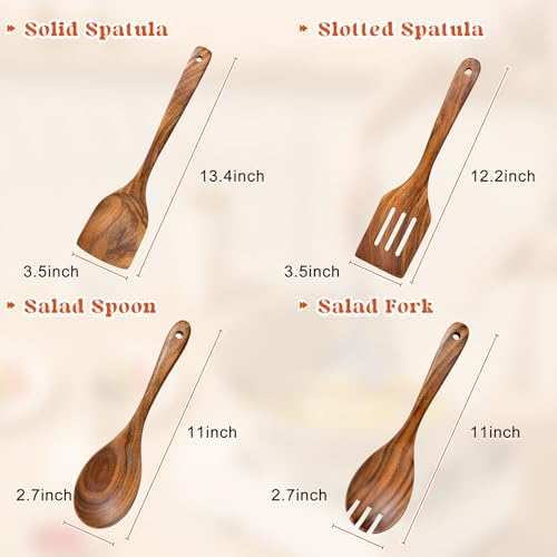 4Pcs Wooden Spoons for Cooking, Acacia Wood Kitchen Utensils Set for Nonstick Pans, Smooth Finish Cooking Utensils with Long Handle, Wooden Spatula for Cooking, Mixing, Baking