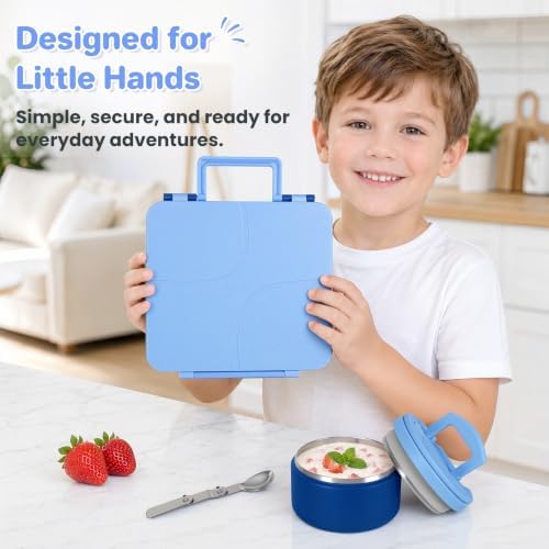 Bento Lunch Box for Kids with 8oz Soup Thermo,Kids Leakproof Lunch Food Containers with 4 Compartment,Kid Insulated Thermo Hot Food Jar for School,Trvael-Blue