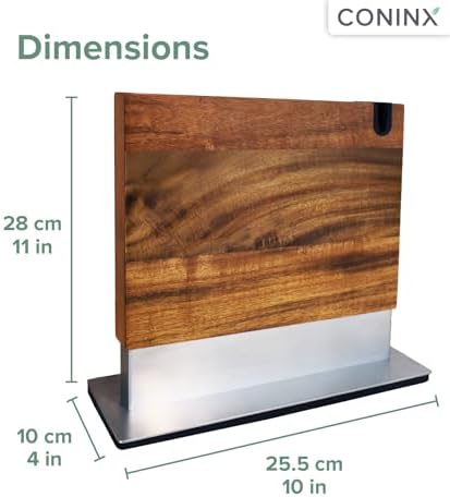 Coninx Magnetic Knife Block with Integrated Sharpener - Double Sided Walnut Wood Knife Holder - Universal Knife Stand with Non-Slip Base for Kitchen Countertop