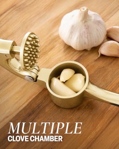 Zulay Kitchen Premium Garlic Press with Soft, Easy to Squeeze Handle - Includes Silicone Garlic Peeler & Cleaning Brush - 3 Piece Garlic Mincer Tool - Sturdy Easy to Clean Garlic Crusher (Gold)