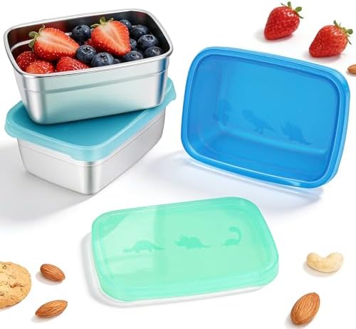 Tanjiae 3-Pack Stainless Steel Snack Containers - 550ml (18oz) Leakproof Colorful Lids with Cute Dinosaurs | LFGB Certified, Stackable Metal Lunch Box for Home, Picnic, Travel