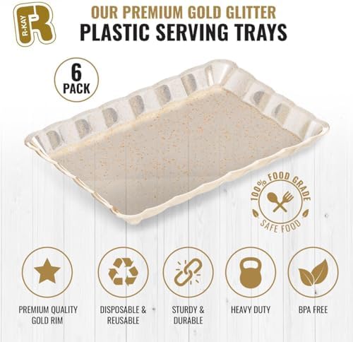 6 Pack Gold Glitter Plastic Serving Trays for Party, 9 x 13 Inch - Heavy Duty Plastic Gold Trays for Food - Rectangular Party Serving Platters