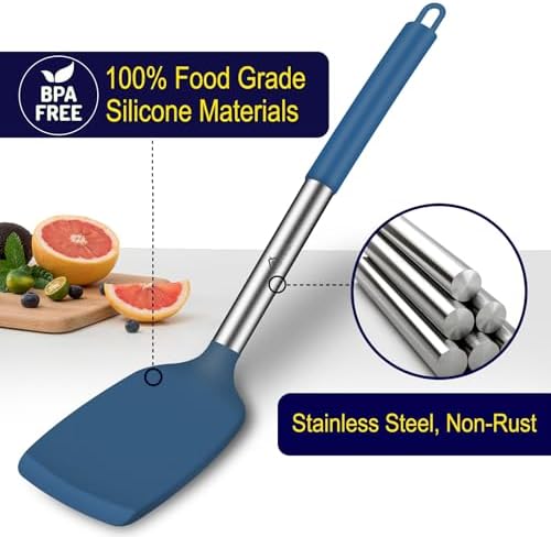 HOTEC Silicone Spatula Set of 2 Heat-Resistant 600°F & BPA-Free Kitchen SaptulaTurner with Stainless Steel Handles, Slotted & Solid Spatulas for Nonstick Cookware, 13.7 Inch, Classic Blue